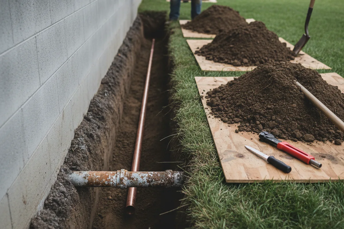Excavated water line trench during Sewer Line Repair in Springfield Gardens